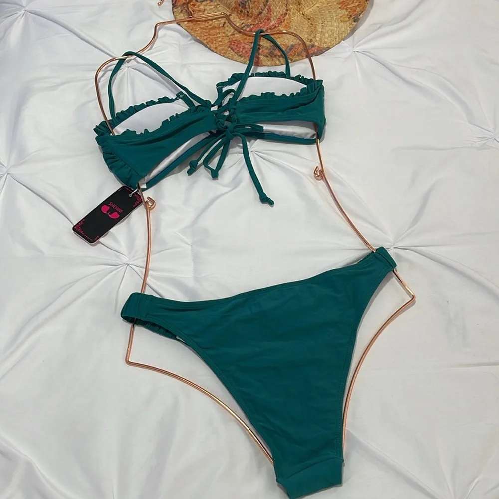 SHEKINI Women's V-Wired Bikini Set Lace Up Bathing Suit‎ Ruffle Trim Two Piece M
